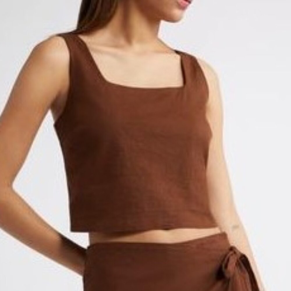 Open Edit Square Neck Sleeveless Linen Blend Top Brown Size S